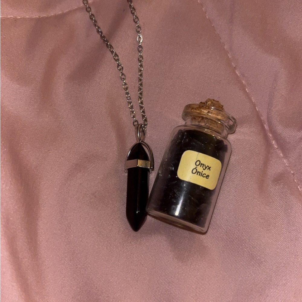 Handmade black onyx necklace and mini onyx jar